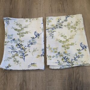 April Cornell Set 2 Waffle Weave Dish Towel Blue Bird Floral Pattern Green 17×24